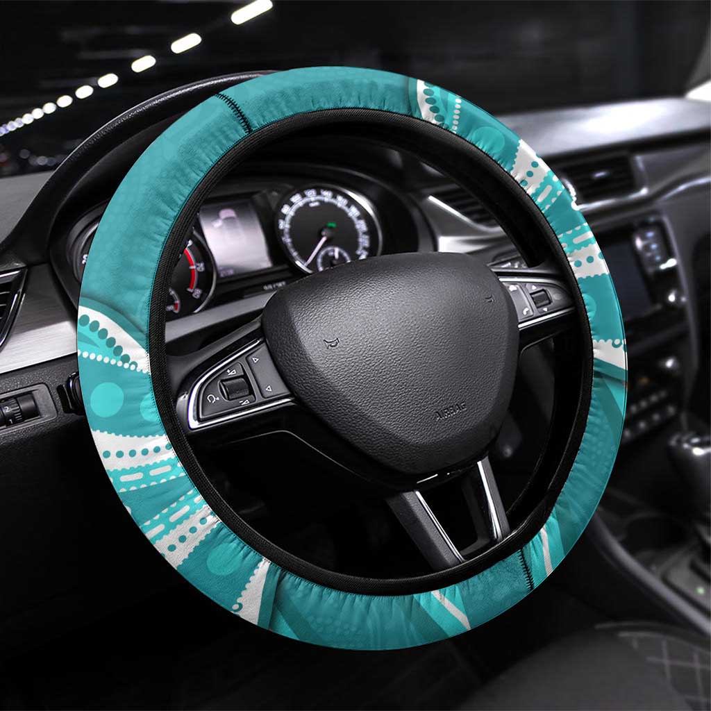 Brisbane Heat Steering Wheel Cover Aboriginal Dot Art Cyan White - Tribal Wave Pattern