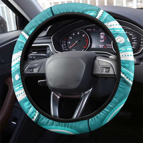 Brisbane Heat Steering Wheel Cover Aboriginal Dot Art Cyan White - Tribal Wave Pattern