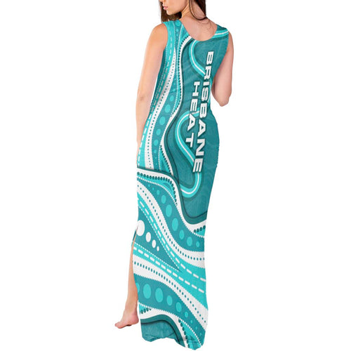 Brisbane Heat Tank Maxi Dress Aboriginal Dot Art Cyan White - Tribal Wave Pattern