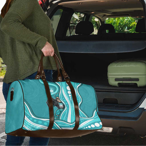 Brisbane Heat Travel Bag Aboriginal Dot Art Cyan White - Tribal Wave Pattern