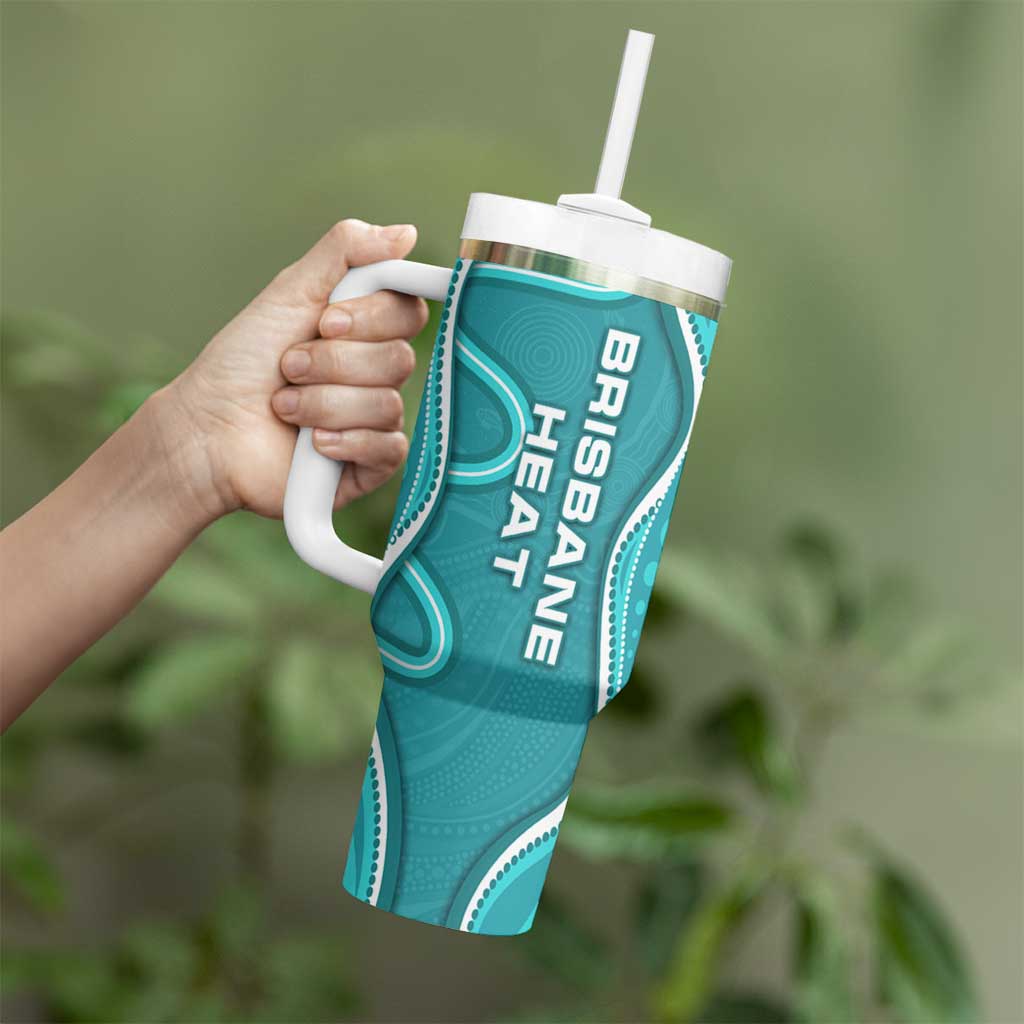 Brisbane Heat Tumbler With Handle Aboriginal Dot Art Cyan White - Tribal Wave Pattern