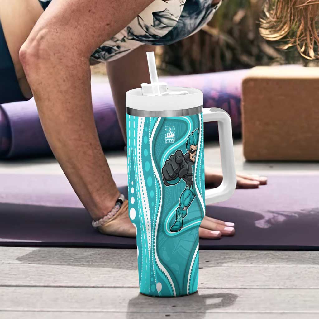 Brisbane Heat Tumbler With Handle Aboriginal Dot Art Cyan White - Tribal Wave Pattern