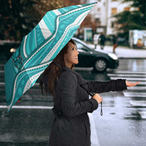 Brisbane Heat Umbrella Aboriginal Dot Art Cyan White - Tribal Wave Pattern