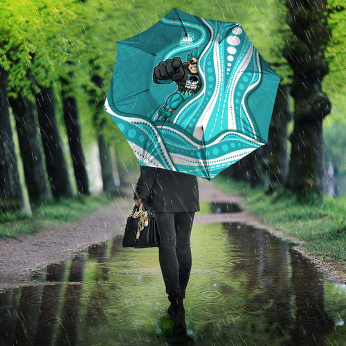 Brisbane Heat Umbrella Aboriginal Dot Art Cyan White - Tribal Wave Pattern
