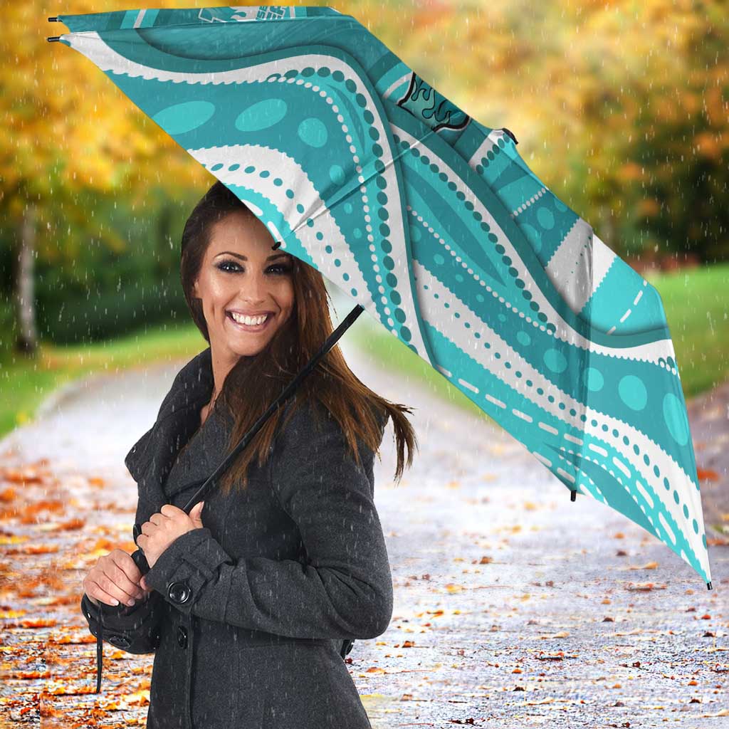 Brisbane Heat Umbrella Aboriginal Dot Art Cyan White - Tribal Wave Pattern
