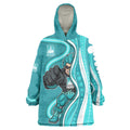 Brisbane Heat Wearable Blanket Hoodie Aboriginal Dot Art Cyan White - Tribal Wave Pattern