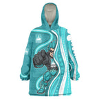 Brisbane Heat Wearable Blanket Hoodie Aboriginal Dot Art Cyan White - Tribal Wave Pattern