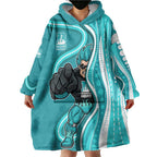 Brisbane Heat Wearable Blanket Hoodie Aboriginal Dot Art Cyan White - Tribal Wave Pattern