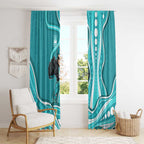 Brisbane Heat Window Curtain Aboriginal Dot Art Cyan White - Tribal Wave Pattern