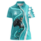 Brisbane Heat Women Polo Shirt Aboriginal Dot Art Cyan White - Tribal Wave Pattern