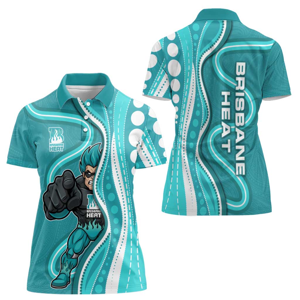 Brisbane Heat Women Polo Shirt Aboriginal Dot Art Cyan White - Tribal Wave Pattern