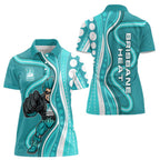 Brisbane Heat Women Polo Shirt Aboriginal Dot Art Cyan White - Tribal Wave Pattern