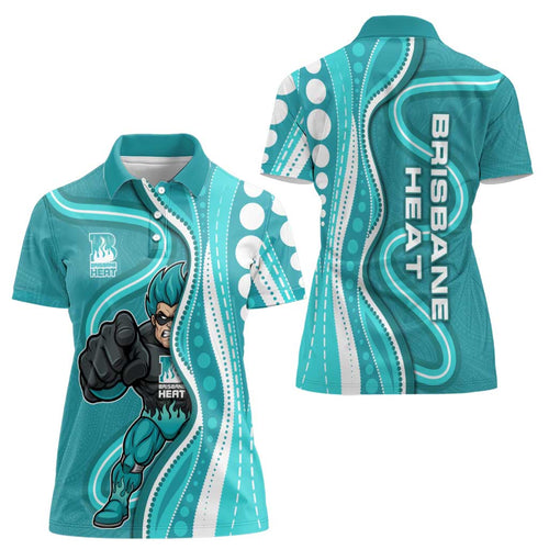 Brisbane Heat Women Polo Shirt Aboriginal Dot Art Cyan White - Tribal Wave Pattern