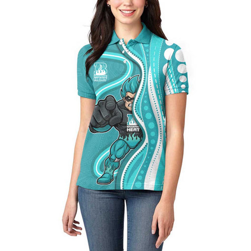 Brisbane Heat Women Polo Shirt Aboriginal Dot Art Cyan White - Tribal Wave Pattern