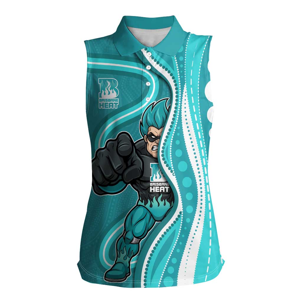 Brisbane Heat Women Sleeveless Polo Shirt Aboriginal Dot Art Cyan White - Tribal Wave Pattern