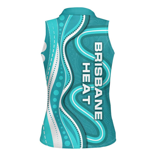 Brisbane Heat Women Sleeveless Polo Shirt Aboriginal Dot Art Cyan White - Tribal Wave Pattern