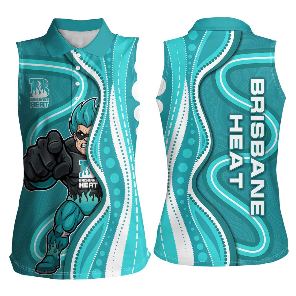 Brisbane Heat Women Sleeveless Polo Shirt Aboriginal Dot Art Cyan White - Tribal Wave Pattern