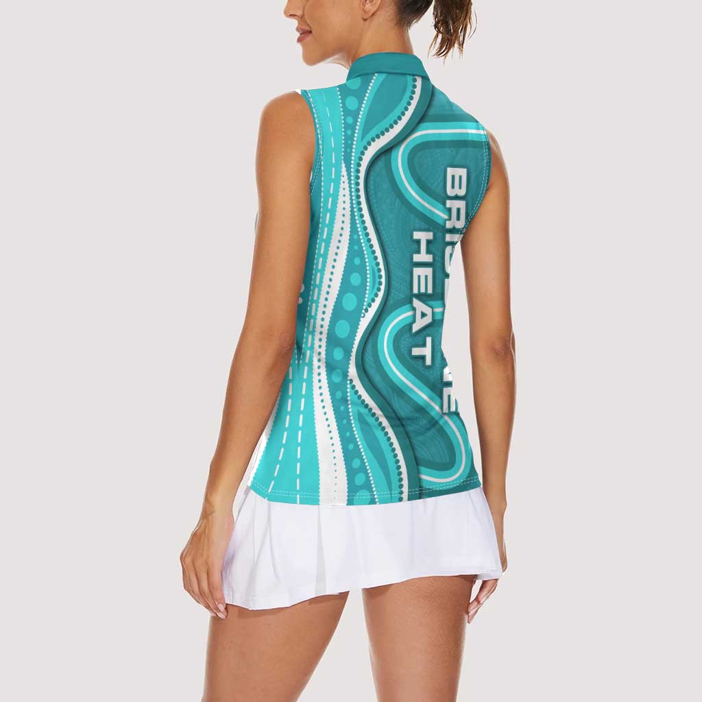 Brisbane Heat Women Sleeveless Polo Shirt Aboriginal Dot Art Cyan White - Tribal Wave Pattern