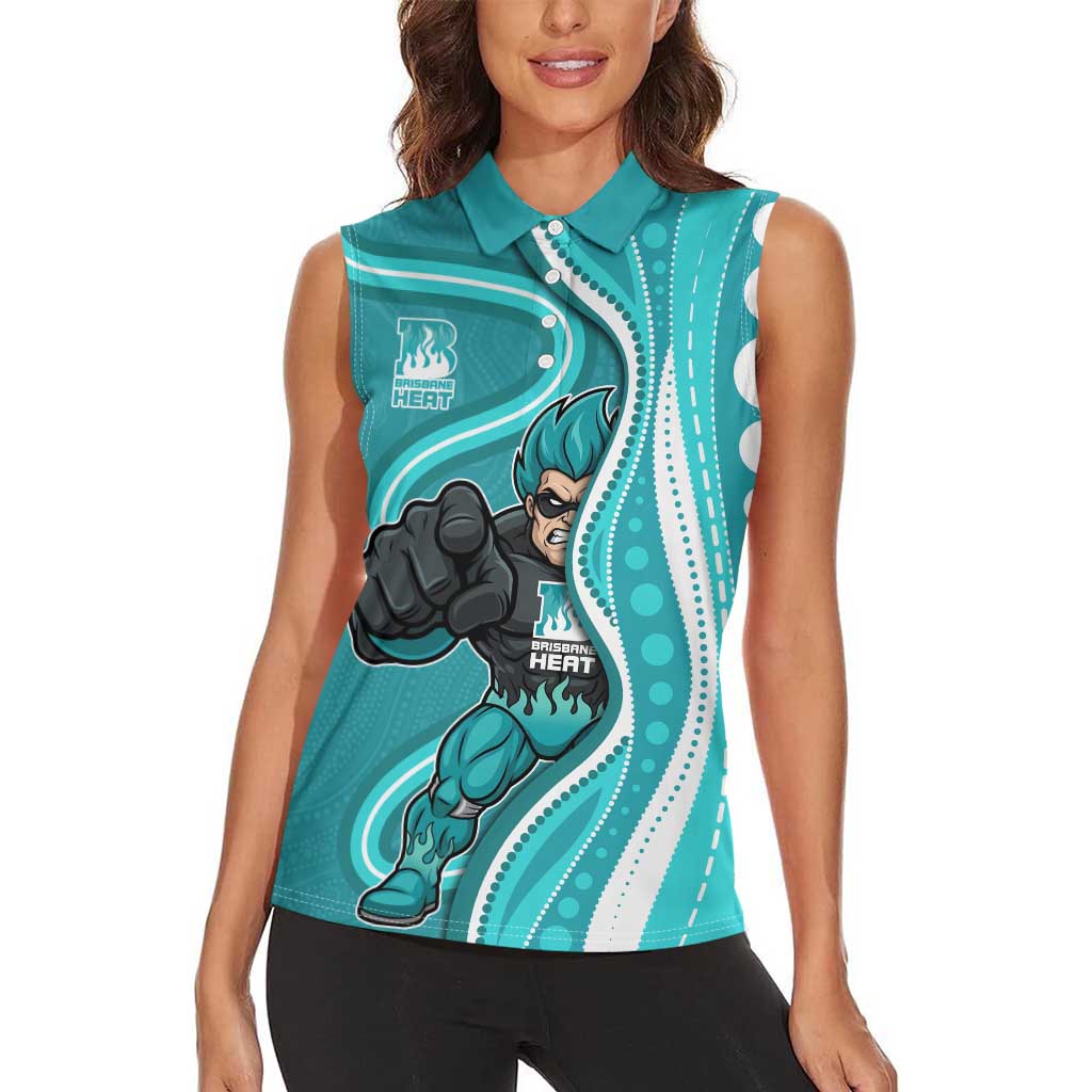 Brisbane Heat Women Sleeveless Polo Shirt Aboriginal Dot Art Cyan White - Tribal Wave Pattern