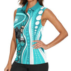 Brisbane Heat Women Sleeveless Polo Shirt Aboriginal Dot Art Cyan White - Tribal Wave Pattern