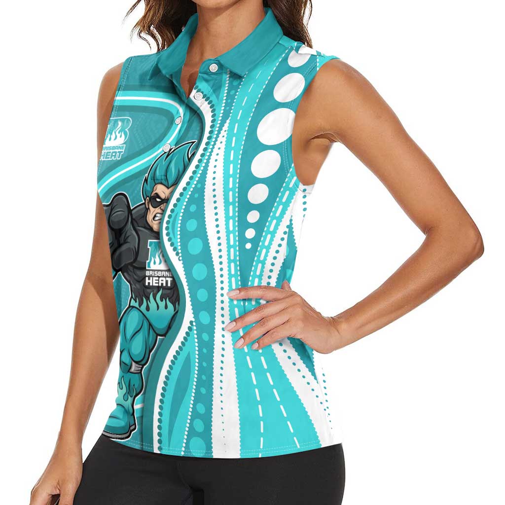 Brisbane Heat Women Sleeveless Polo Shirt Aboriginal Dot Art Cyan White - Tribal Wave Pattern