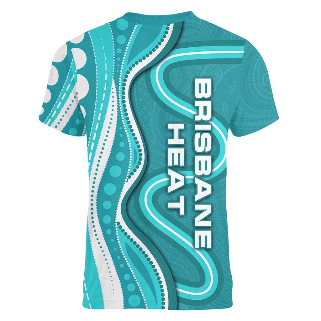 Brisbane Heat Women V-Neck T-Shirt Aboriginal Dot Art Cyan White - Tribal Wave Pattern