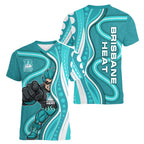 Brisbane Heat Women V-Neck T-Shirt Aboriginal Dot Art Cyan White - Tribal Wave Pattern