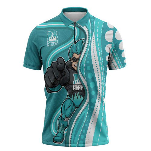 Brisbane Heat Zipper Polo Shirt Aboriginal Dot Art Cyan White - Tribal Wave Pattern