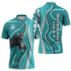 Brisbane Heat Zipper Polo Shirt Aboriginal Dot Art Cyan White - Tribal Wave Pattern