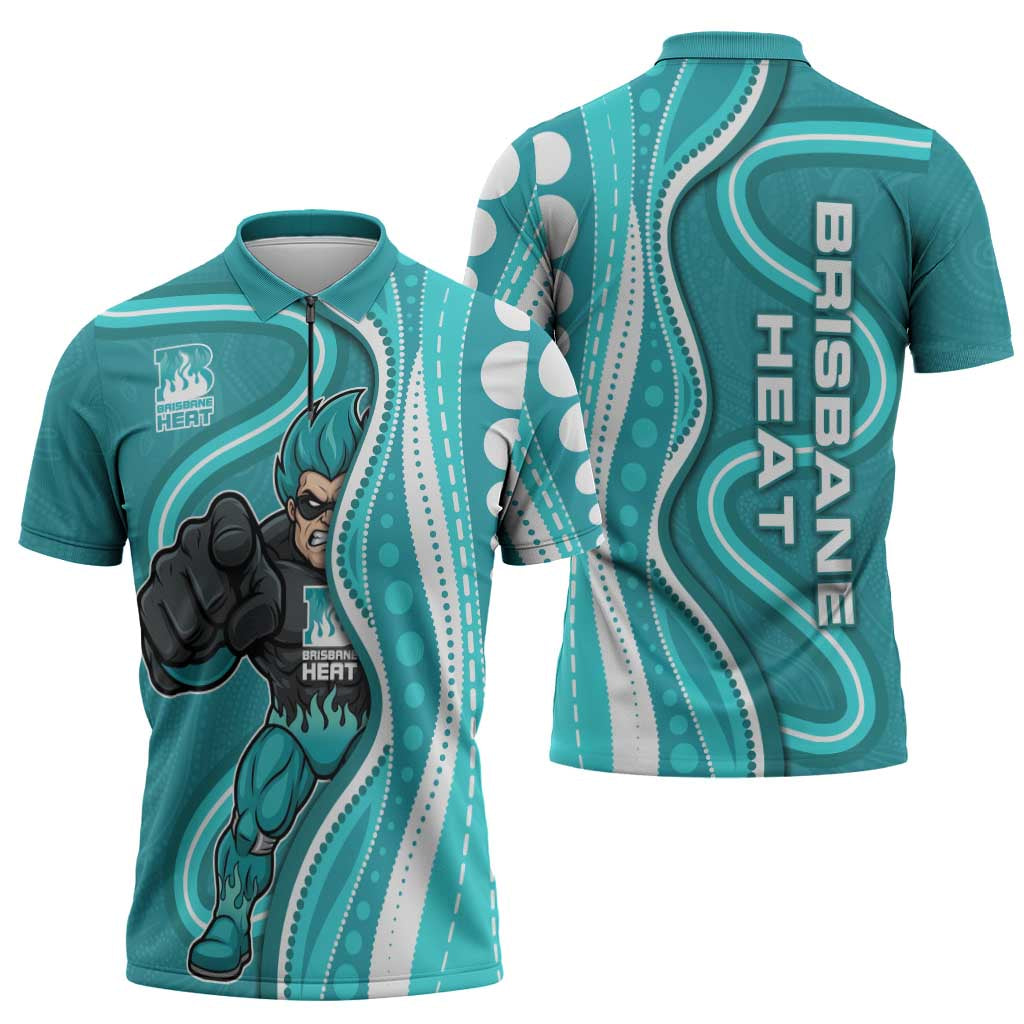 Brisbane Heat Zipper Polo Shirt Aboriginal Dot Art Cyan White - Tribal Wave Pattern