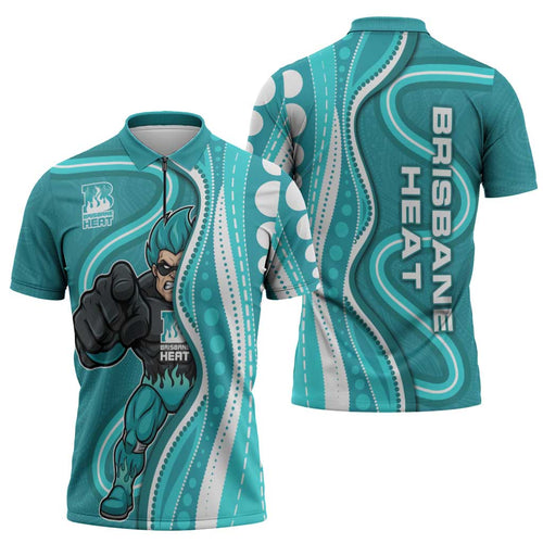 Brisbane Heat Zipper Polo Shirt Aboriginal Dot Art Cyan White - Tribal Wave Pattern