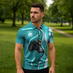 Brisbane Heat Zipper Polo Shirt Aboriginal Dot Art Cyan White - Tribal Wave Pattern