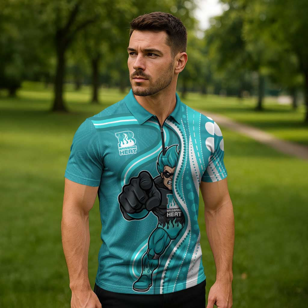 Brisbane Heat Zipper Polo Shirt Aboriginal Dot Art Cyan White - Tribal Wave Pattern
