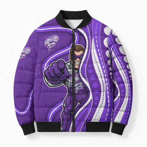 Hobart Hurricanes Bomber Puffer Jacket Aboriginal Dot Art Purple White - Tribal Wave Pattern