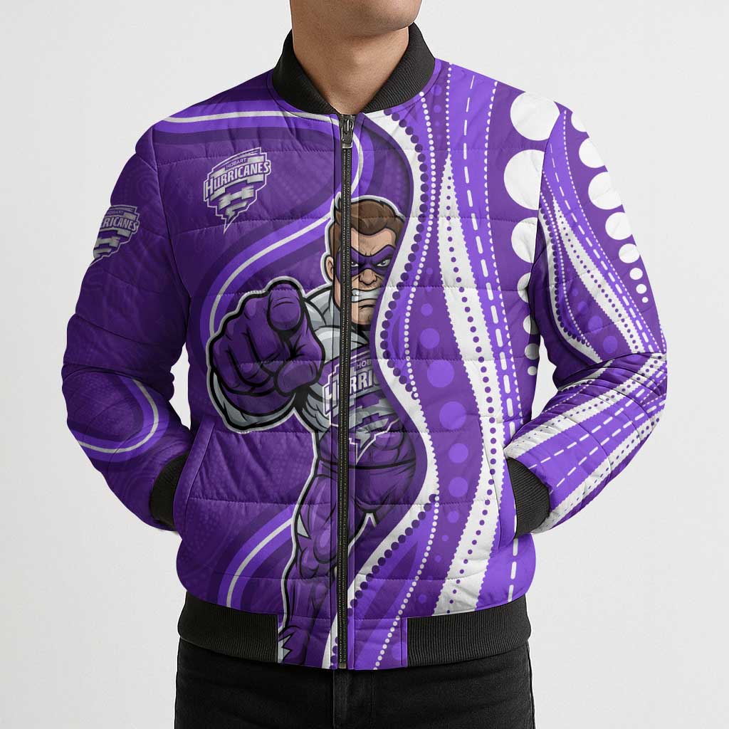 Hobart Hurricanes Bomber Puffer Jacket Aboriginal Dot Art Purple White - Tribal Wave Pattern