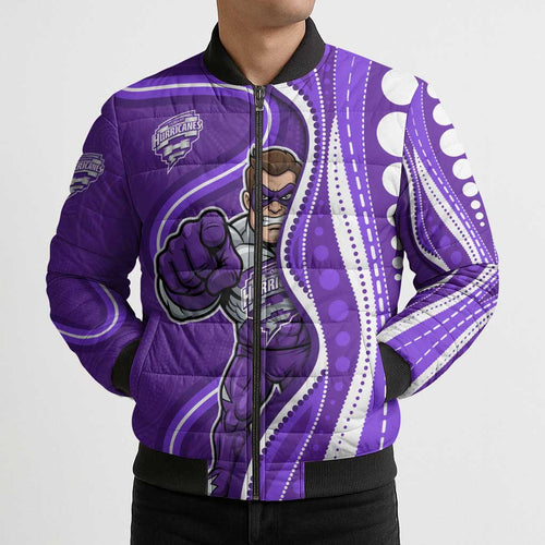 Hobart Hurricanes Bomber Puffer Jacket Aboriginal Dot Art Purple White - Tribal Wave Pattern