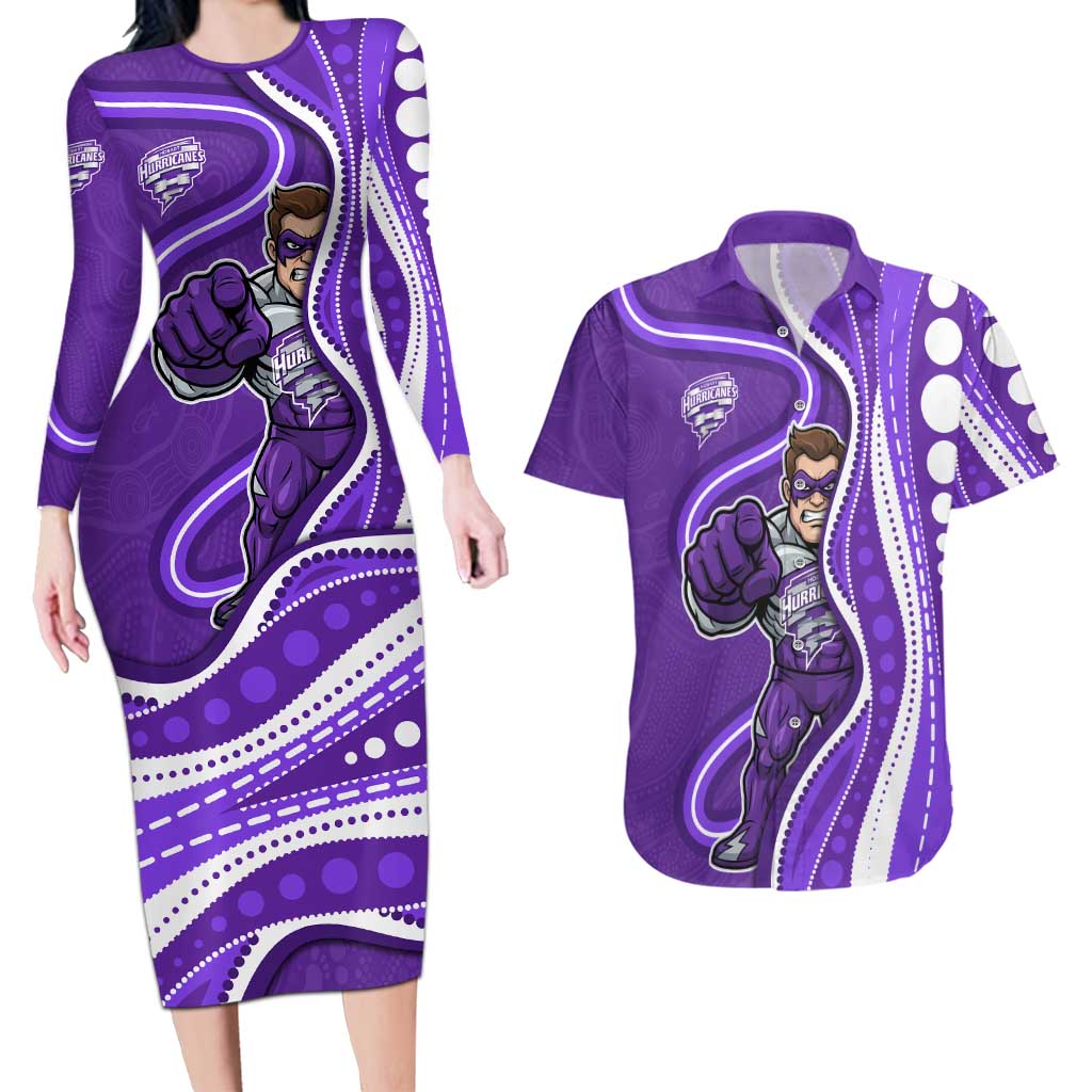 Hobart Hurricanes Couples Matching Long Sleeve Bodycon Dress and Hawaiian Shirt Aboriginal Dot Art Purple White - Tribal Wave Pattern
