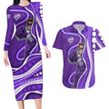 Hobart Hurricanes Couples Matching Long Sleeve Bodycon Dress and Hawaiian Shirt Aboriginal Dot Art Purple White - Tribal Wave Pattern