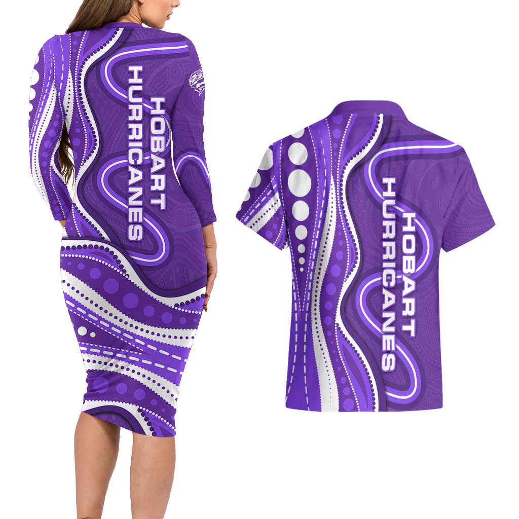 Hobart Hurricanes Couples Matching Long Sleeve Bodycon Dress and Hawaiian Shirt Aboriginal Dot Art Purple White - Tribal Wave Pattern