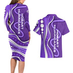 Hobart Hurricanes Couples Matching Long Sleeve Bodycon Dress and Hawaiian Shirt Aboriginal Dot Art Purple White - Tribal Wave Pattern