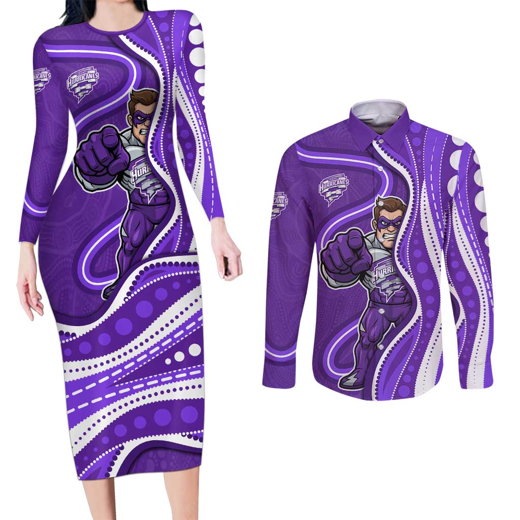 Hobart Hurricanes Couples Matching Long Sleeve Bodycon Dress and Long Sleeve Button Shirt Aboriginal Dot Art Purple White - Tribal Wave Pattern