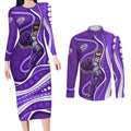 Hobart Hurricanes Couples Matching Long Sleeve Bodycon Dress and Long Sleeve Button Shirt Aboriginal Dot Art Purple White - Tribal Wave Pattern