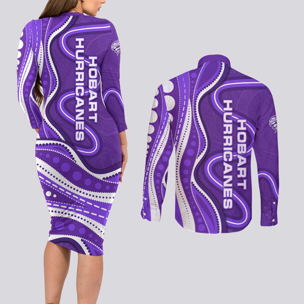 Hobart Hurricanes Couples Matching Long Sleeve Bodycon Dress and Long Sleeve Button Shirt Aboriginal Dot Art Purple White - Tribal Wave Pattern
