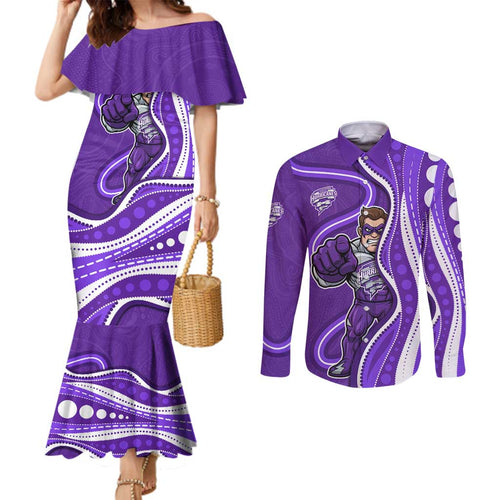 Hobart Hurricanes Couples Matching Mermaid Dress and Long Sleeve Button Shirt Aboriginal Dot Art Purple White - Tribal Wave Pattern