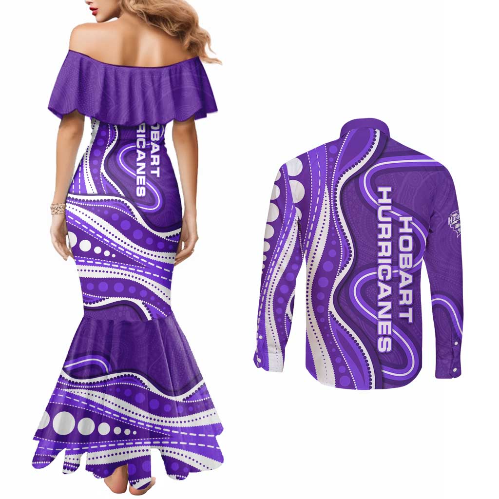 Hobart Hurricanes Couples Matching Mermaid Dress and Long Sleeve Button Shirt Aboriginal Dot Art Purple White - Tribal Wave Pattern