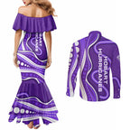 Hobart Hurricanes Couples Matching Mermaid Dress and Long Sleeve Button Shirt Aboriginal Dot Art Purple White - Tribal Wave Pattern