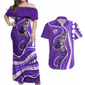 Hobart Hurricanes Couples Matching Off Shoulder Maxi Dress and Hawaiian Shirt Aboriginal Dot Art Purple White - Tribal Wave Pattern