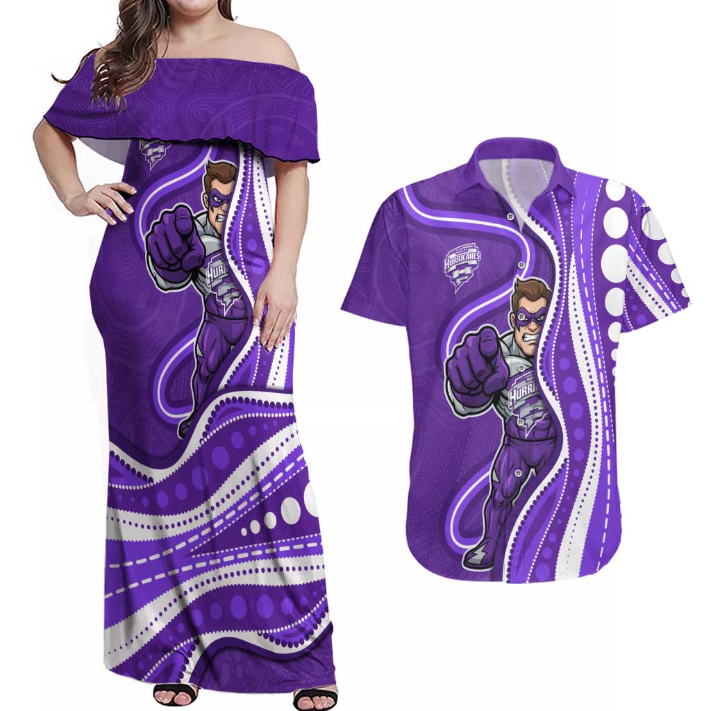 Hobart Hurricanes Couples Matching Off Shoulder Maxi Dress and Hawaiian Shirt Aboriginal Dot Art Purple White - Tribal Wave Pattern