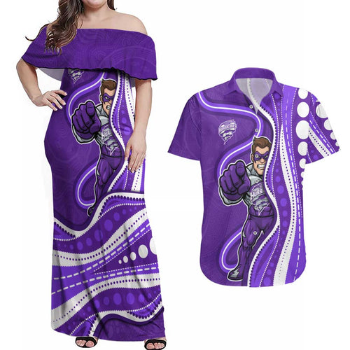 Hobart Hurricanes Couples Matching Off Shoulder Maxi Dress and Hawaiian Shirt Aboriginal Dot Art Purple White - Tribal Wave Pattern
