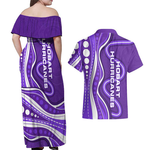 Hobart Hurricanes Couples Matching Off Shoulder Maxi Dress and Hawaiian Shirt Aboriginal Dot Art Purple White - Tribal Wave Pattern
